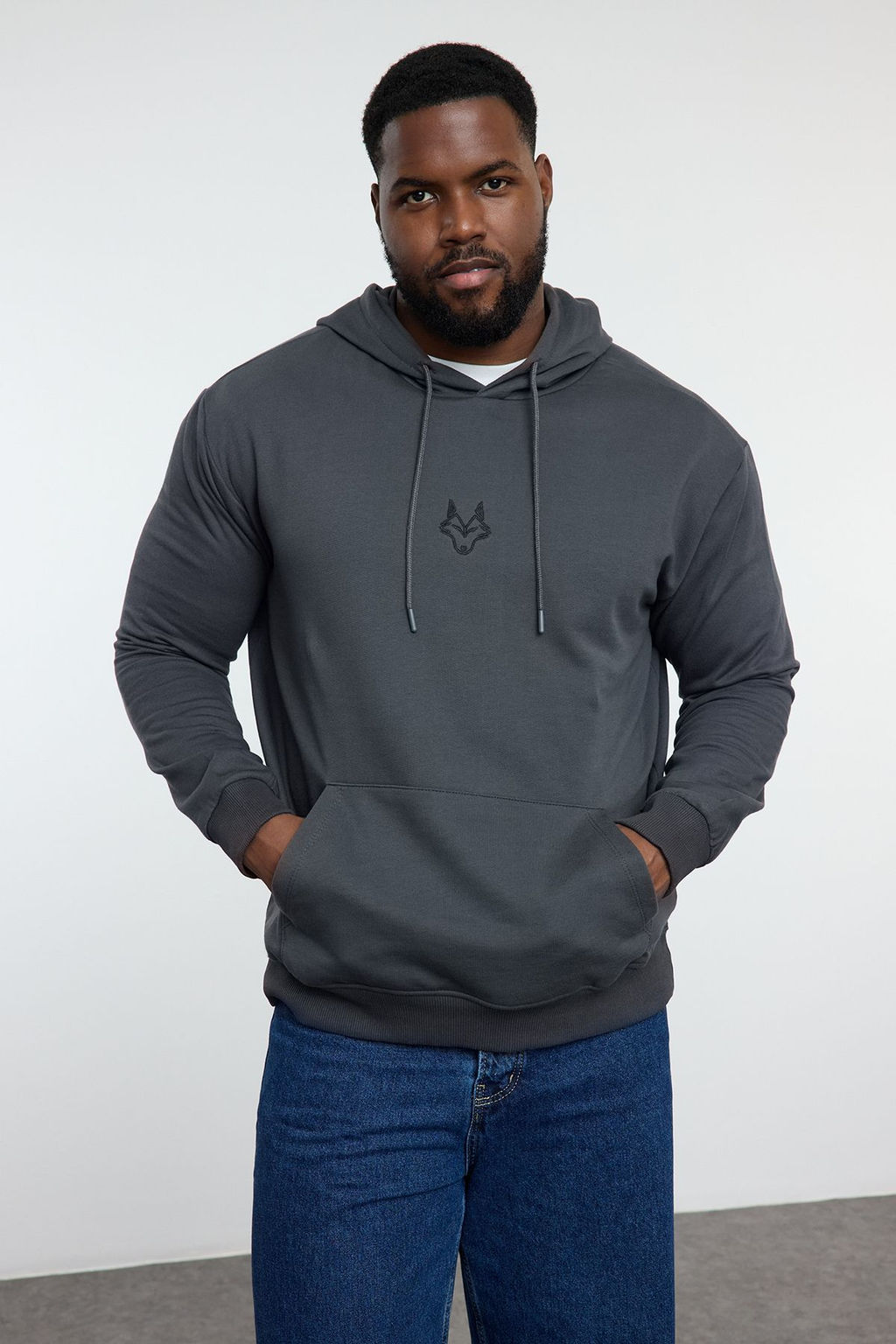TRENDYOL MAN Buyuk Beden Indigo Regular/Normal Kesim Kapusonlu Ici Polarl? Sweatshirt TMNAW25AO00006