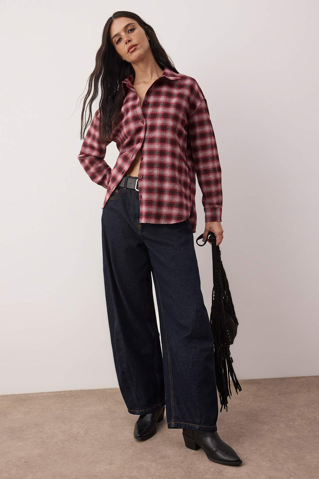 Bordo-Cok Renkli Ekose Flanel Oversize/Genis Kal?p Gomlek TWOAW26GO00135 - Trendyolmilla фото 2