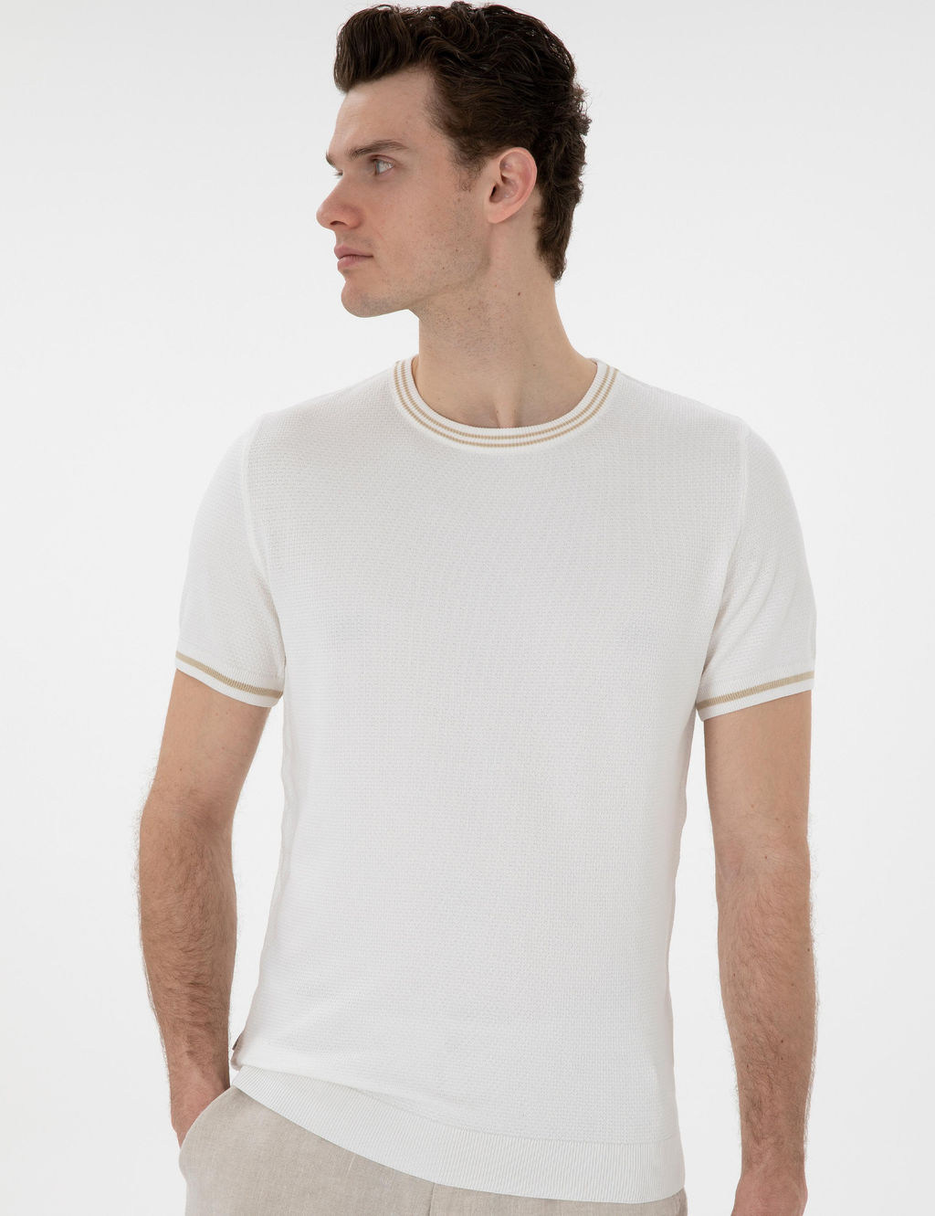 Ekru Slim Fit Bisiklet Yaka Triko Ti__rt
