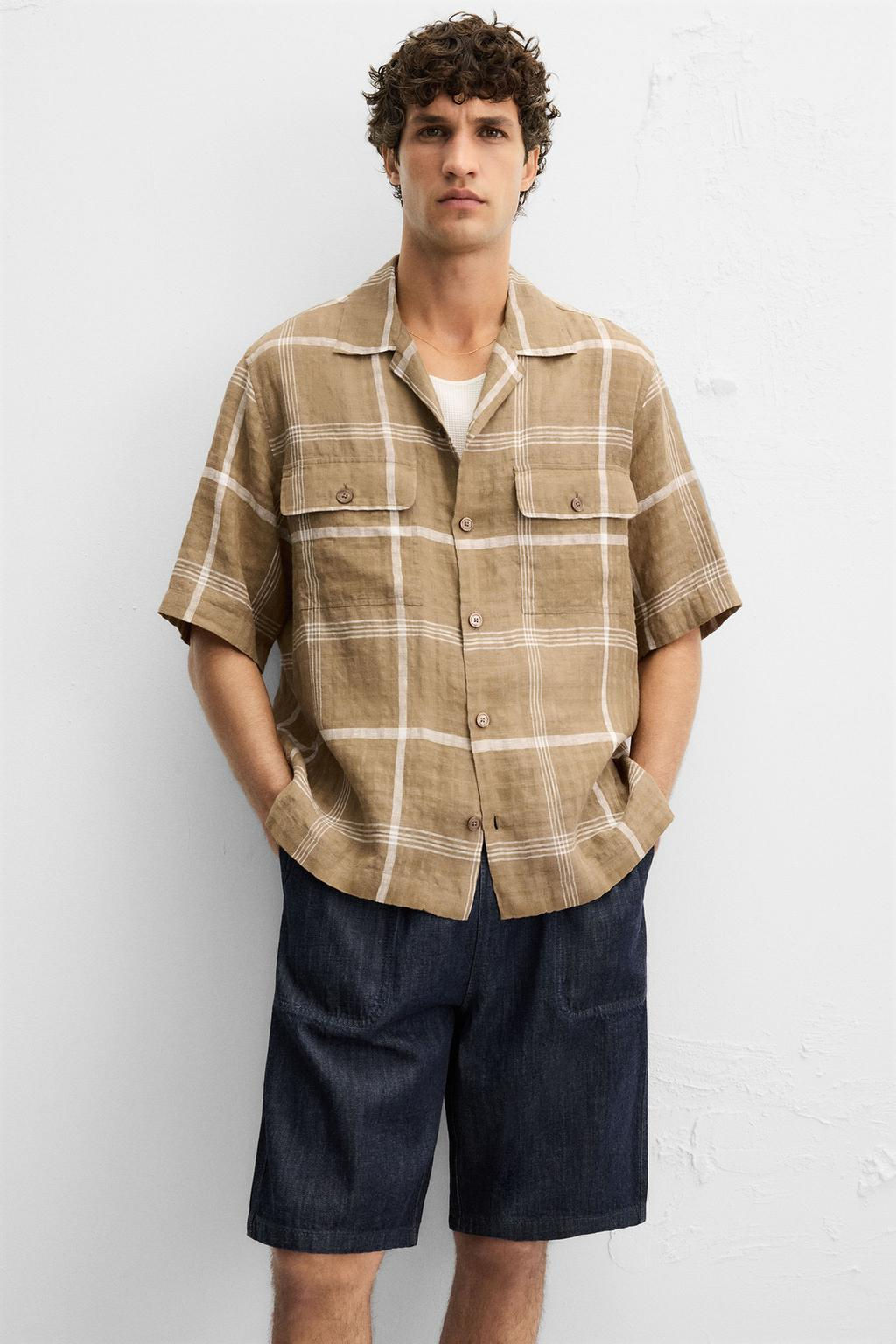 CHECKED LINEN/COTTON SHIRT - Zara фото 6