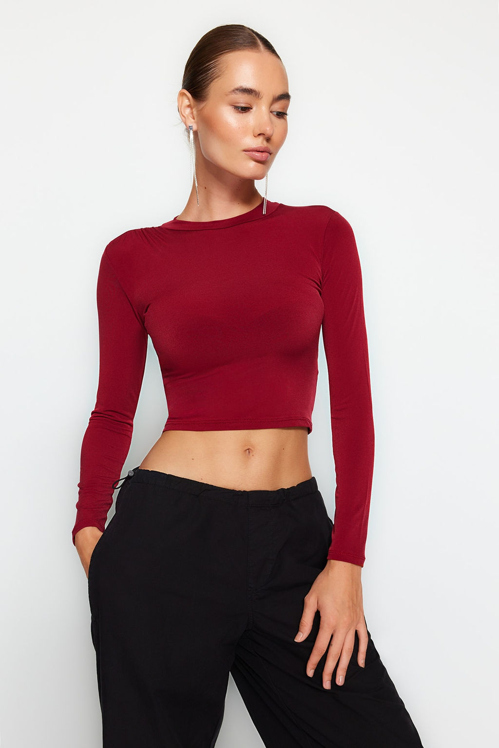 Bordo Dik Yaka Fitted/Vucuda Oturan Uzun Kol Buzgulu Esnek Orme Bluz TWOAW23EL01391