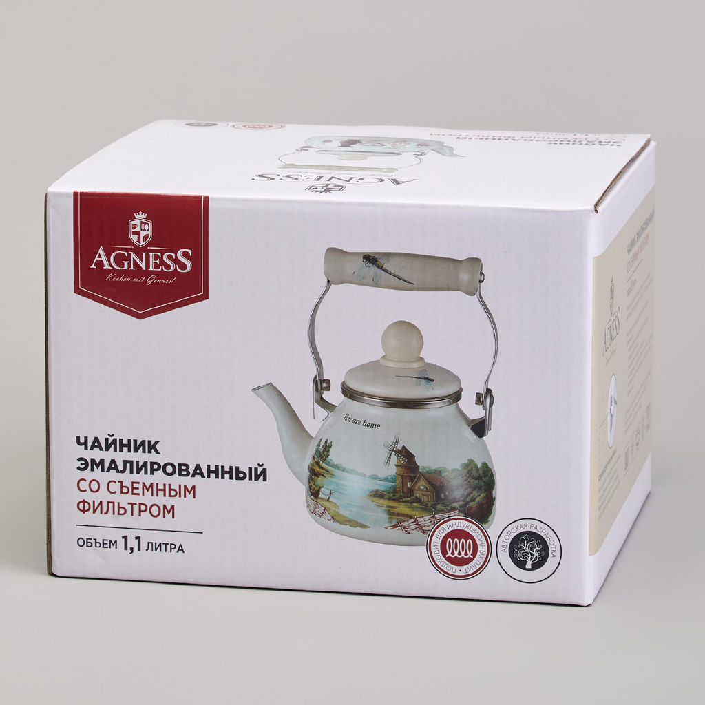 ЧАЙНИК AGNESS ЭМАЛИРОВАННЫЙ СО СЪЕМНЫМ ФИЛЬТРОМ ИЗ НЖС СЕРИЯ LAVANDER CATS, 1,1 Л фото 3