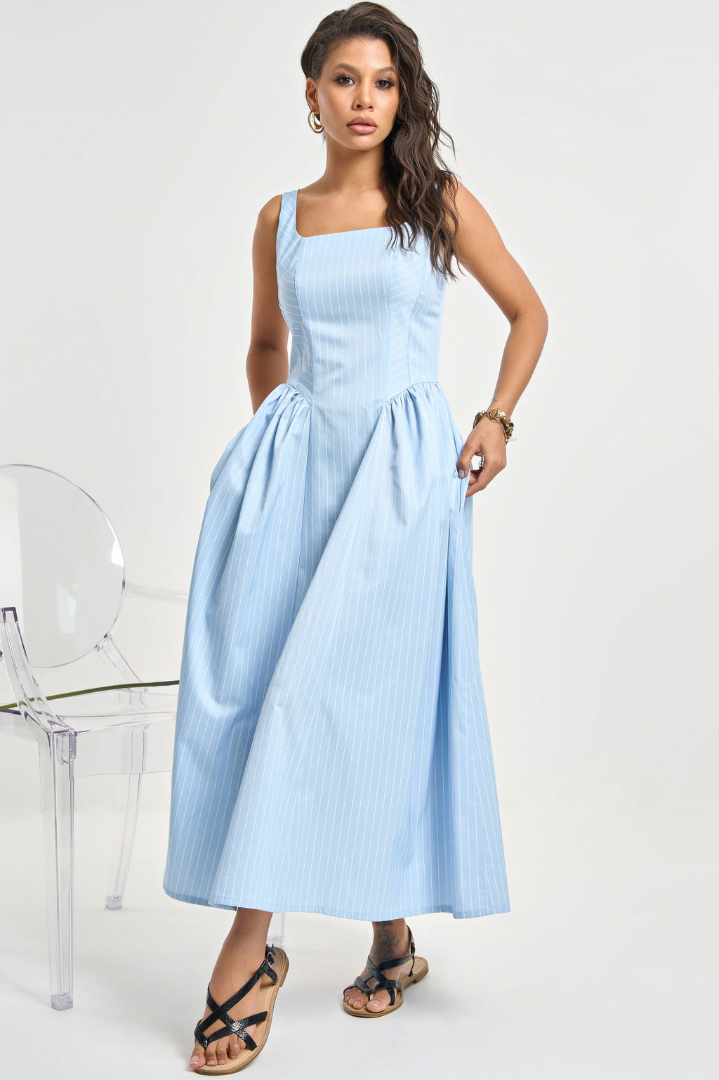 Сарафан хлопковый в полоску голубой