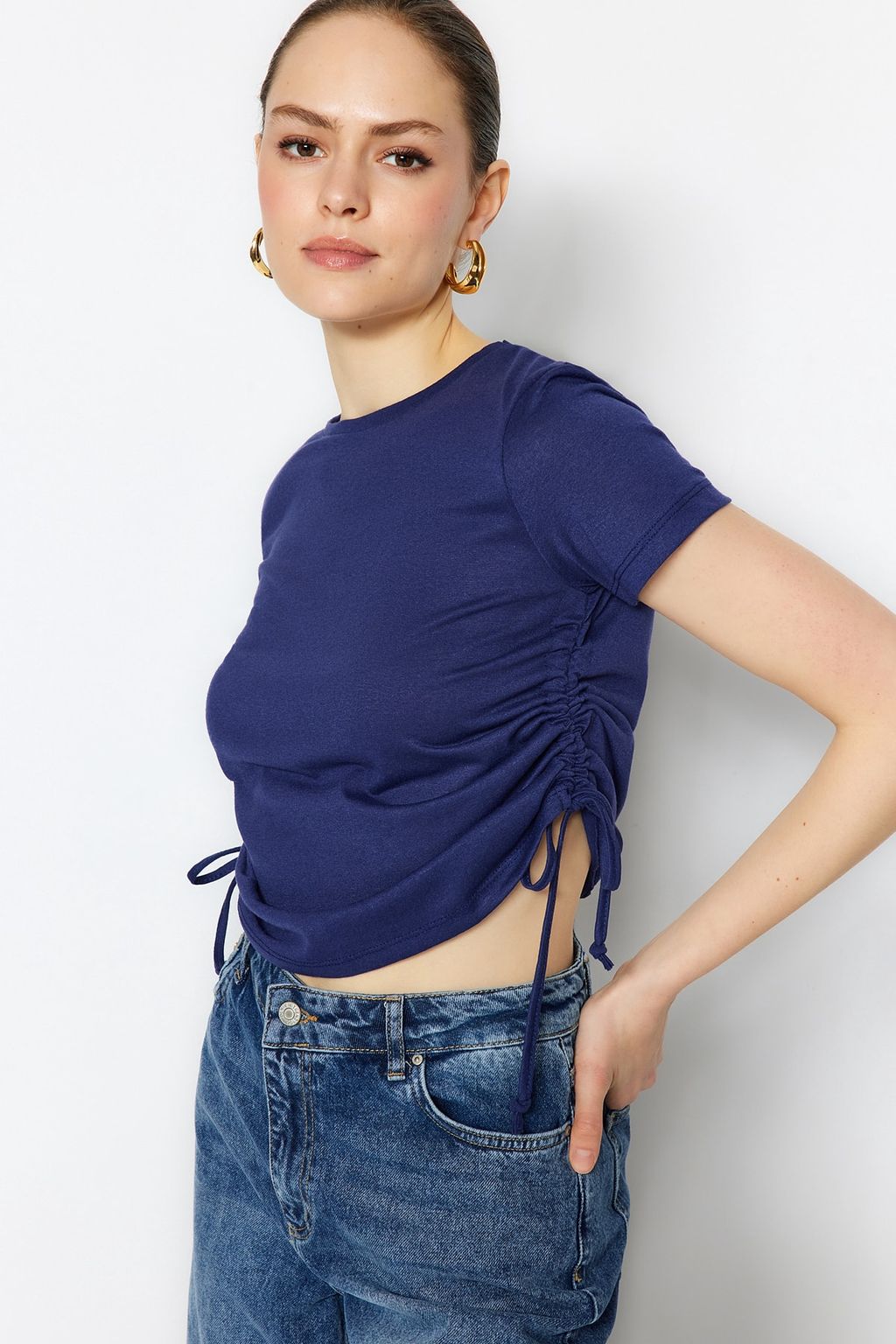 Lacivert %100 Pamuk Bisiklet Yaka Buzgulu Basic Orme T-Shirt TWOSS21TS0131