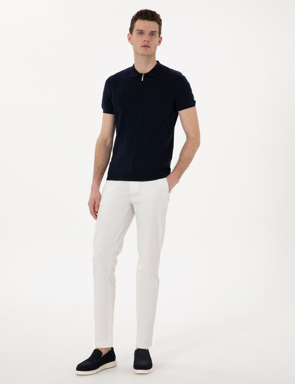 Lacivert Slim Fit Fermuarl_ Polo Yaka Triko Ti__rt