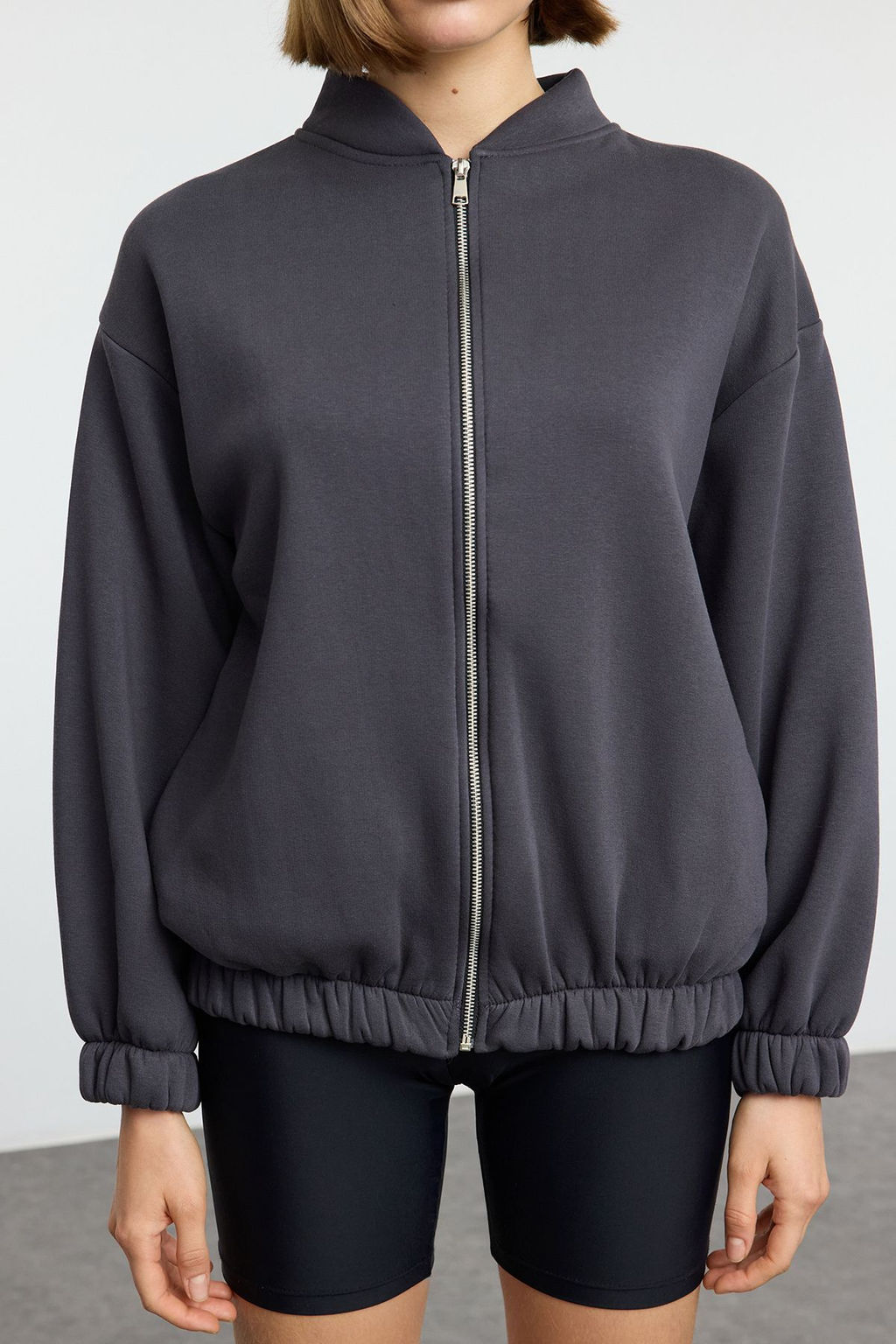 Antrasit Fermuarl? Oversize/Genis Kal?p Kal?n Ici Polarl? Orme Sweatshirt TWOAW25SW00122