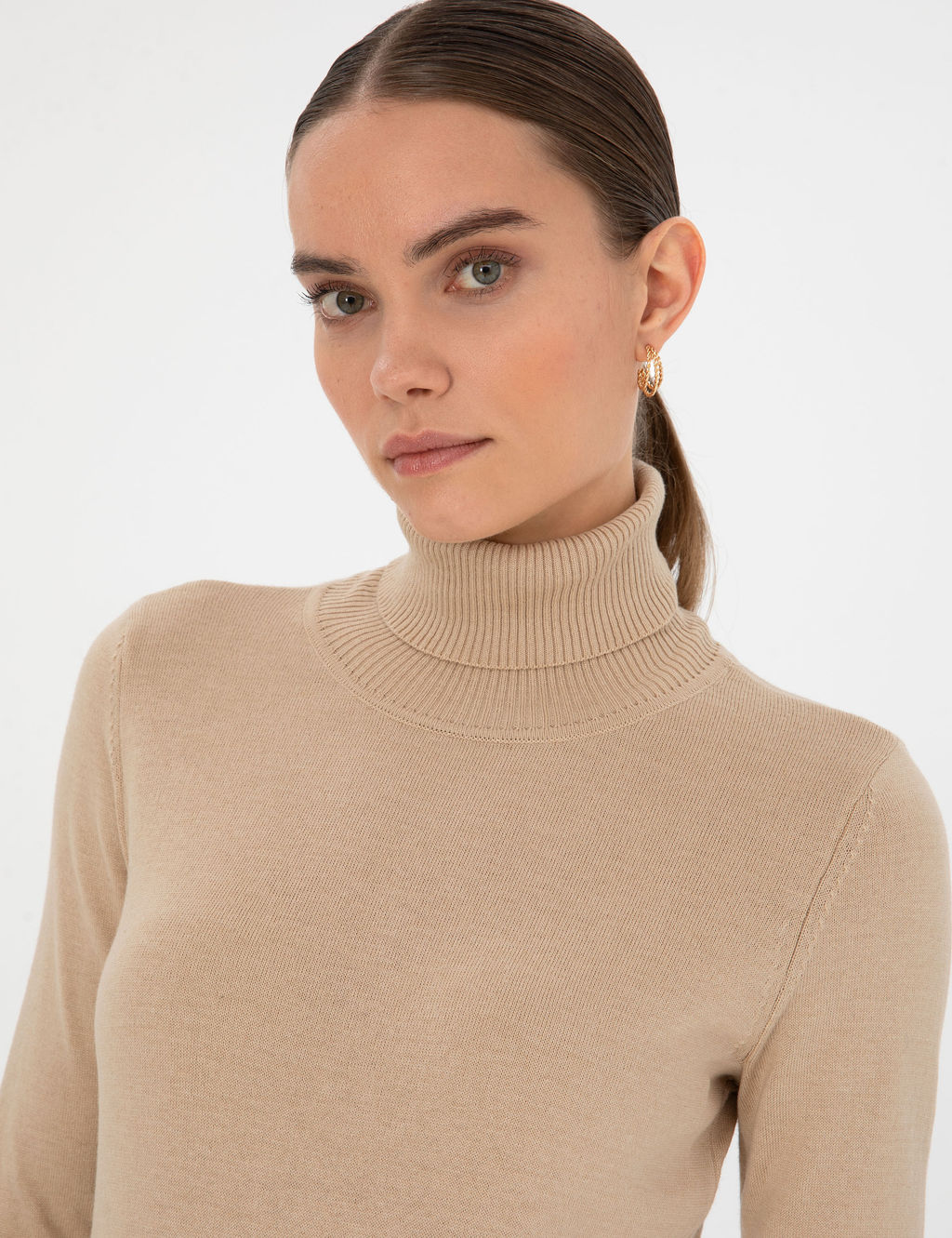 Bej Slim Fit Bal_k__ Yaka Basic Kazak