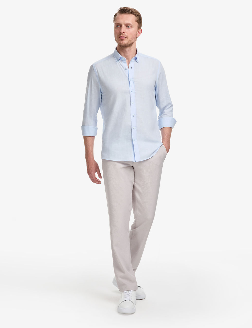 A__k Mavi %100 Pamuk Keten G_r_n_ml_ Slim Fit Uzun Kollu G_mlek