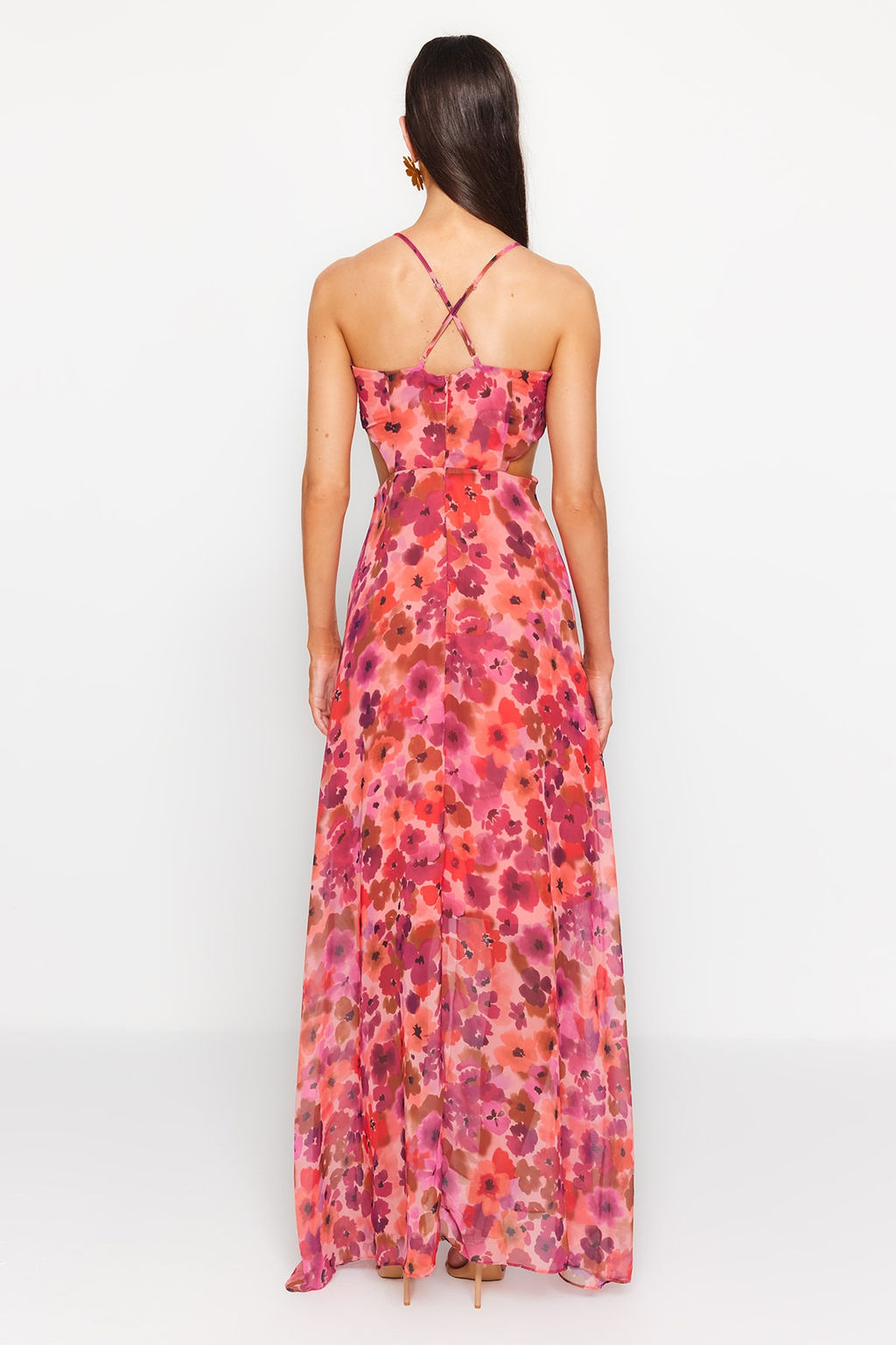 TRENDYOLMILLA Cok Renkli A Kesim Astarl? Pencere/Cut Out Detayl? Cicek Desenli Maxi Dokuma Elbise TWOSS20EL1270  фото 19