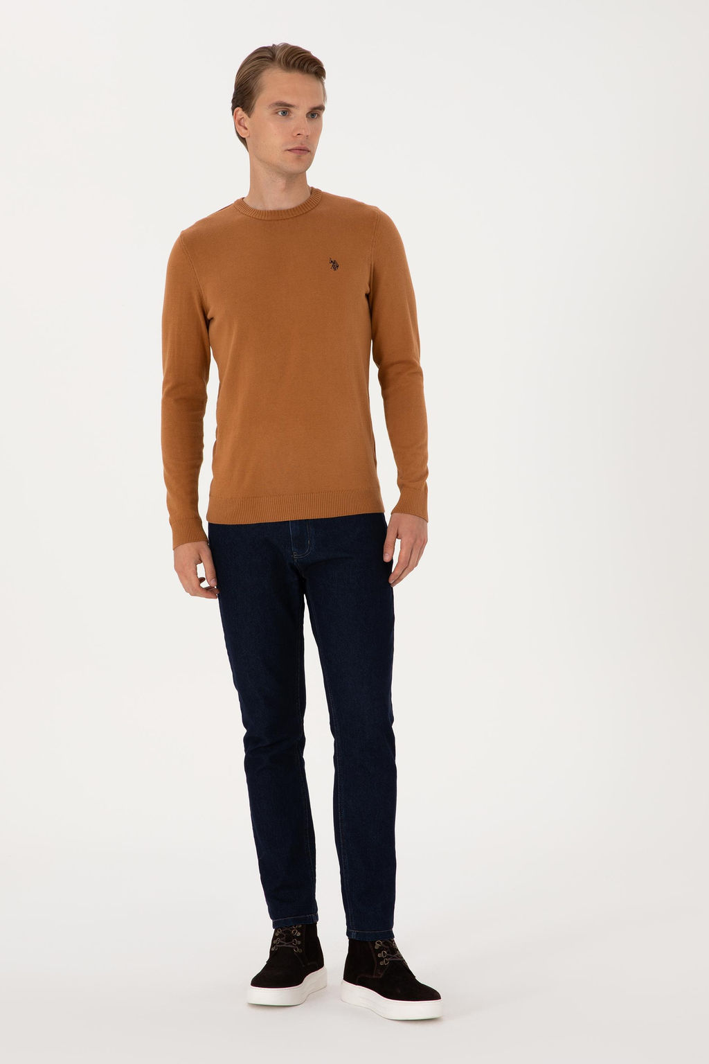 Erkek Slim Fit Bisiklet Yaka Camel Basic Kazak - U.s. polo assn фото 4