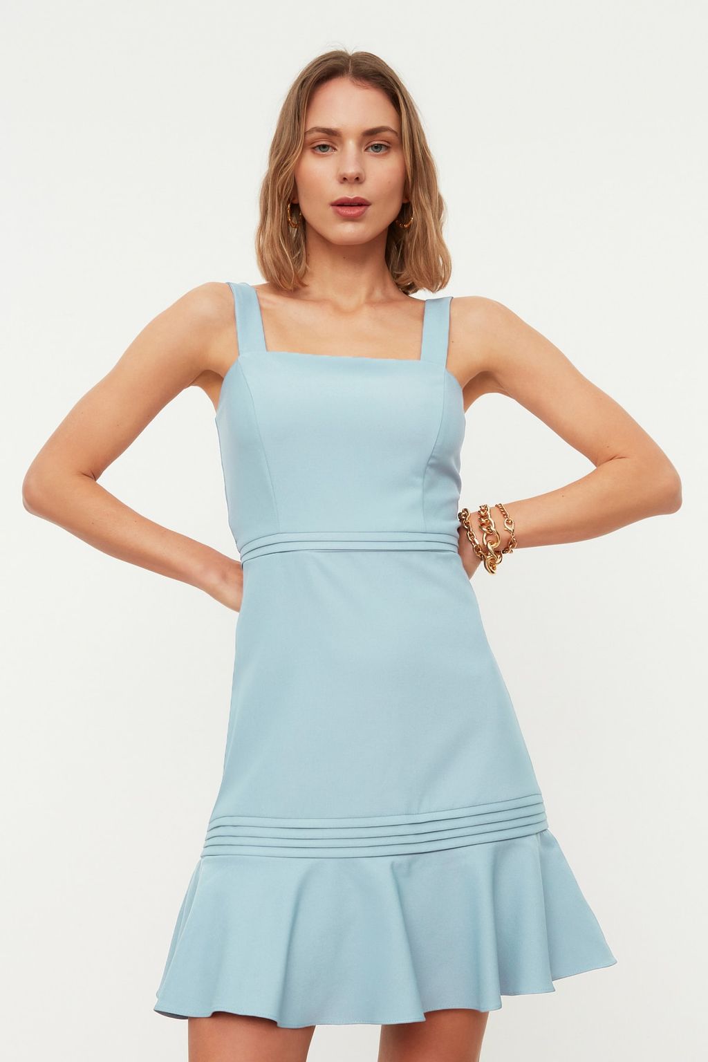 TRENDYOLMILLA Mavi Nervur Detayl? Etegi Volanl? Ask?l? A Kesim Dokuma Mini Elbise TWOSS20EL2504  фото 3