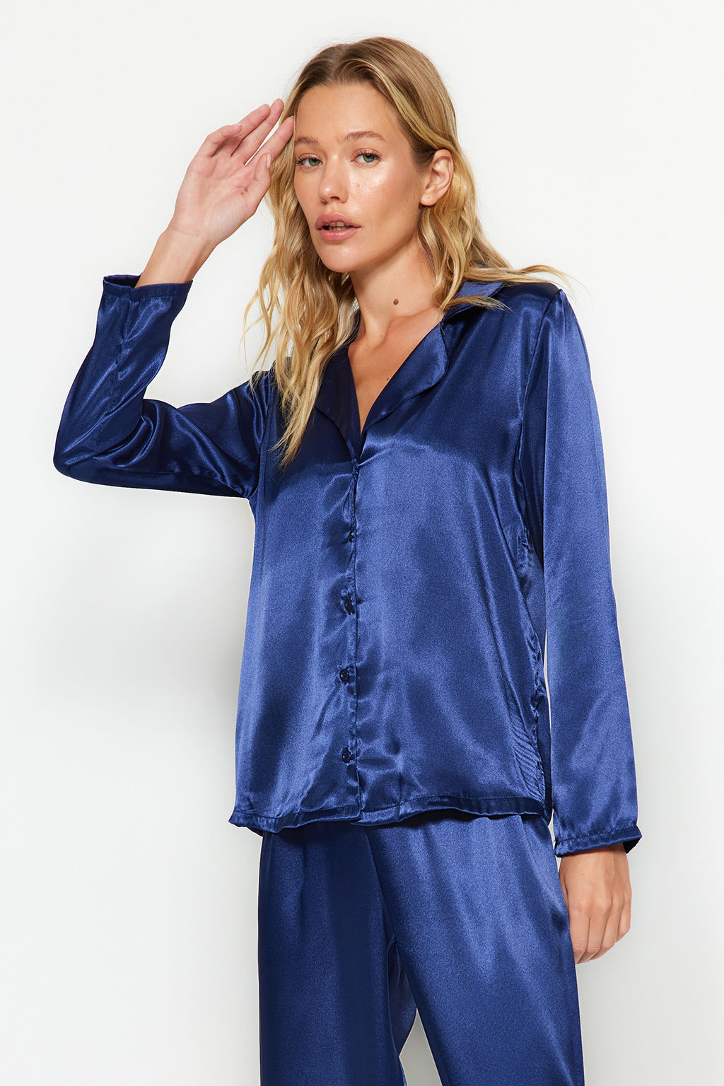 Lacivert Saten Gomlek-Pantolon Dokuma Pijama Tak?m? THMAW24PT00026 - Trendyolmilla фото 3