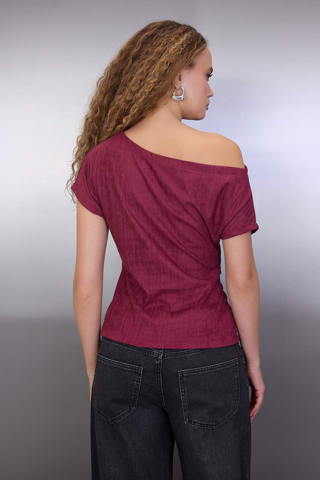 Bordo Ac?k Omuz Buzgu&Drape Detayl? Regular/Normal Kal?p Orme Bluz TWOAW26BZ00270 - Trendyolmilla фото 4