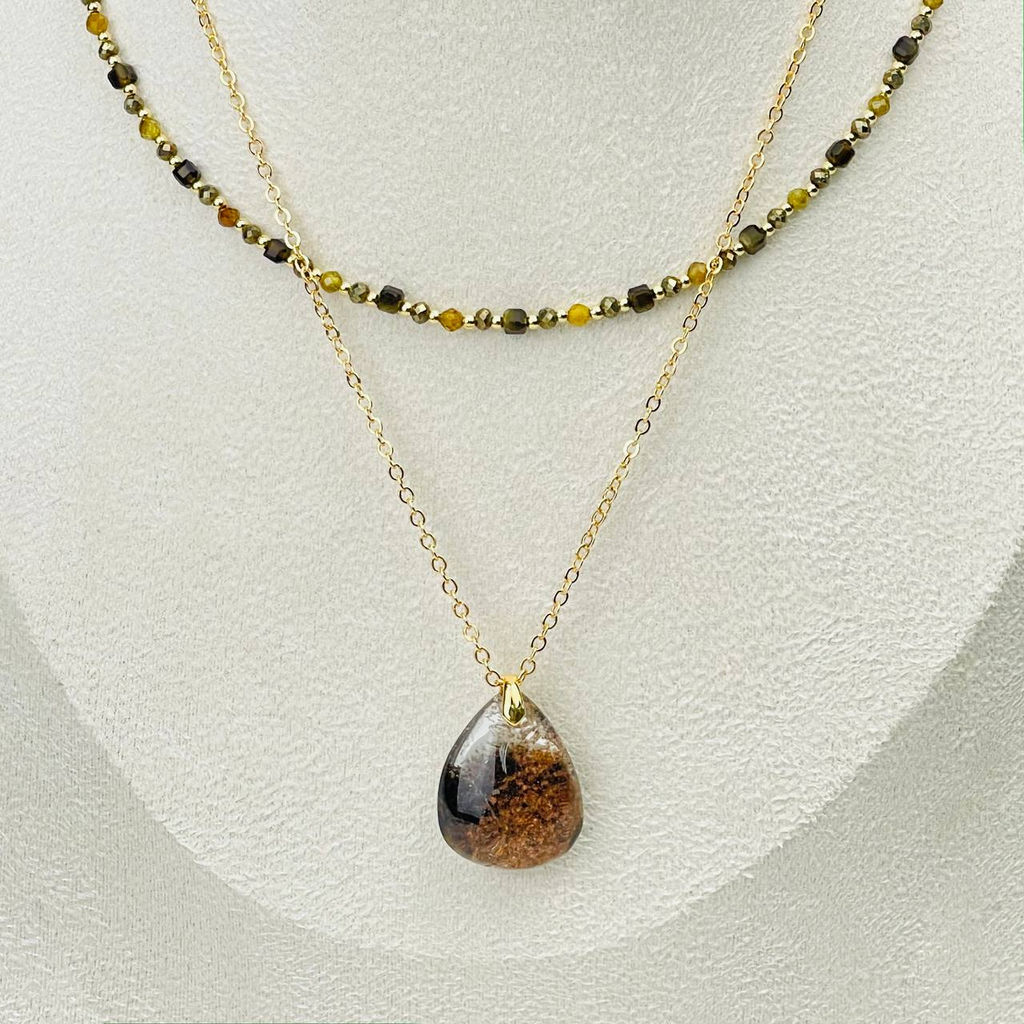 Колье двойное из Пирита, Обсидиана и Граната с кулоном из Лодолита 38/42 см +