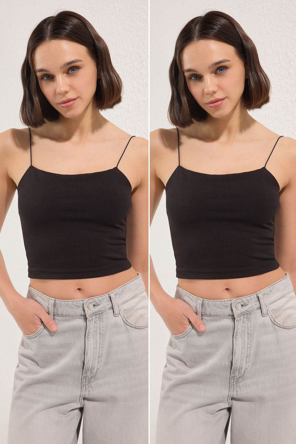 Siyah-Siyah 2li Paket Pamuklu Spagetti Ask?l? Crop Esnek Orme Atlet TWOSS21AL0196