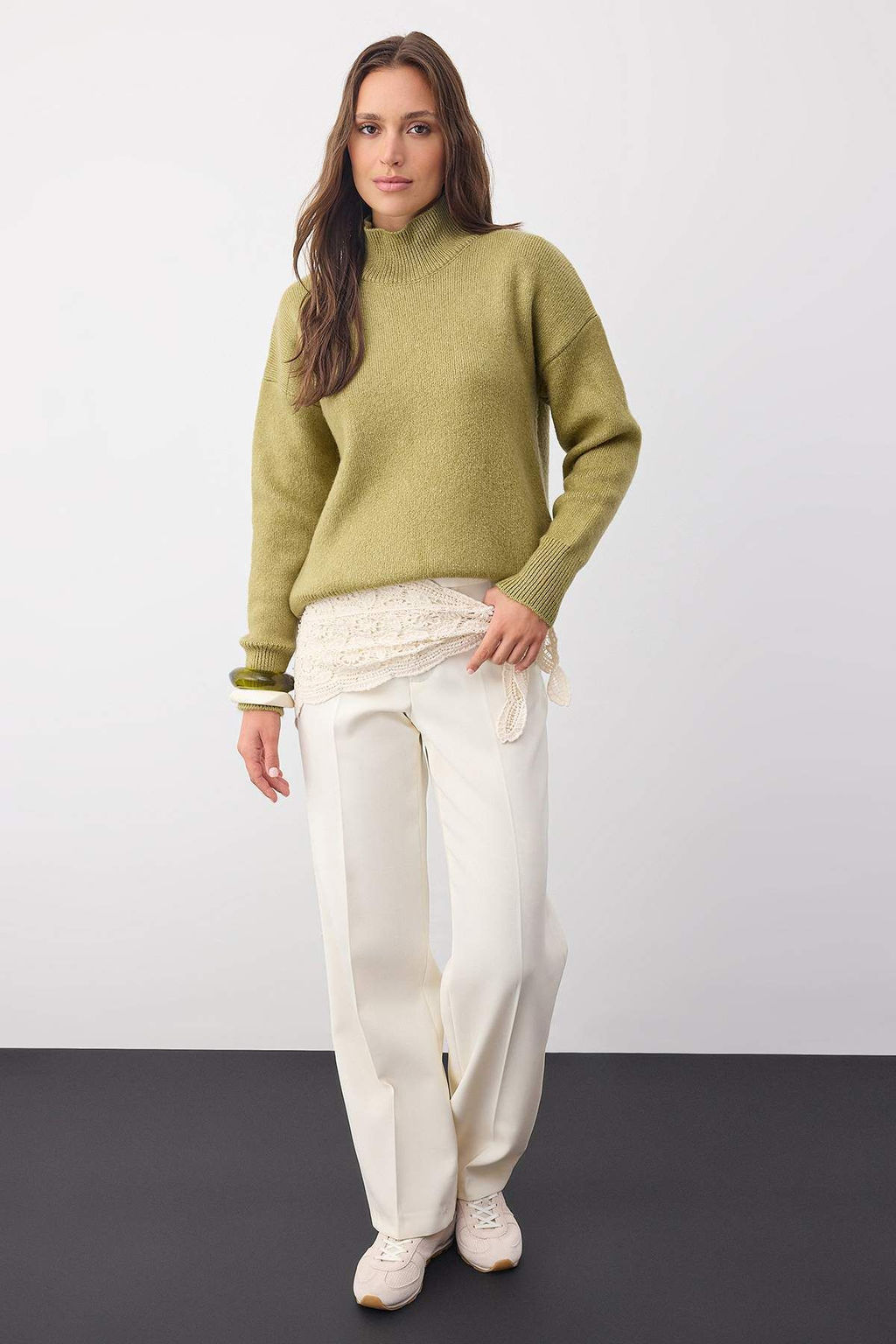 Wardrobe Essentials Yag Yesil Yun Kar?s?ml? Genis Kal?p Yumusak Dokulu Triko Kazak | TWOAW26KZ00063