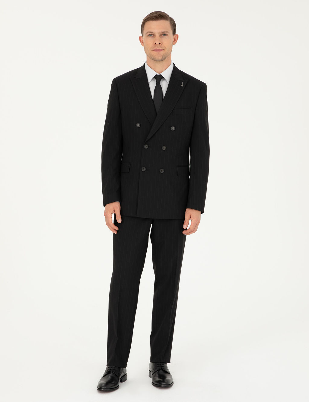 Черный двубортный костюм в полоску приталенного кроя черного цвета - Cacharel фото 3
