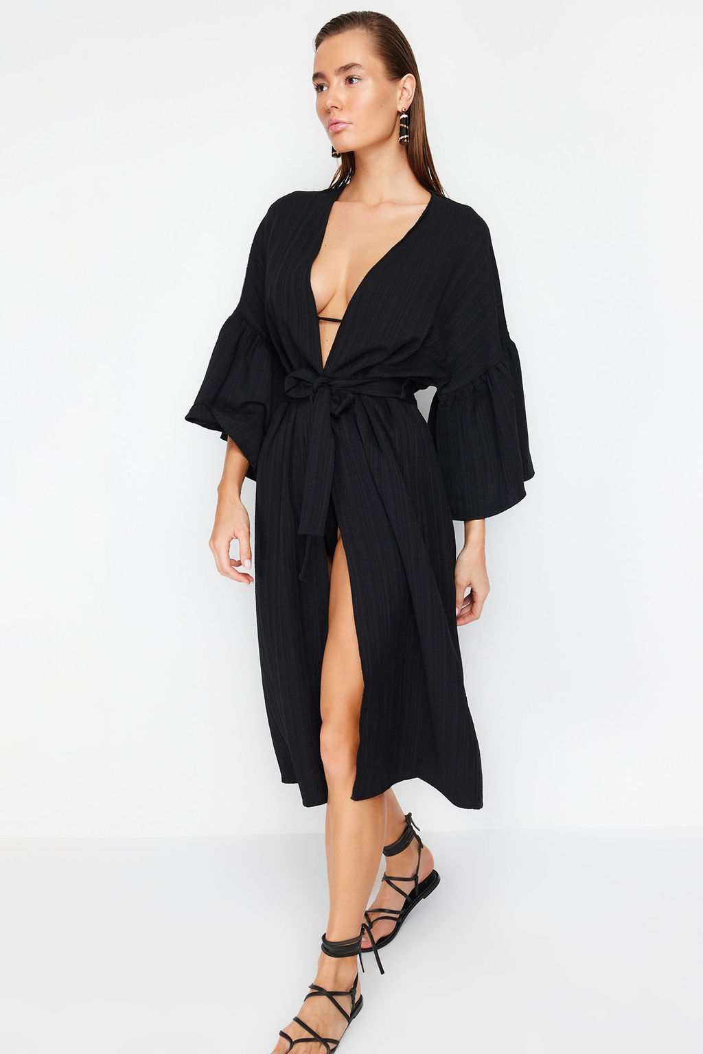 Ekru Kusakl? Maxi Dokuma Volanl? Keten Kar?s?ml? Plaj Kimono&Kaftan TBESS23KM00028 - Trendyolmilla фото 11