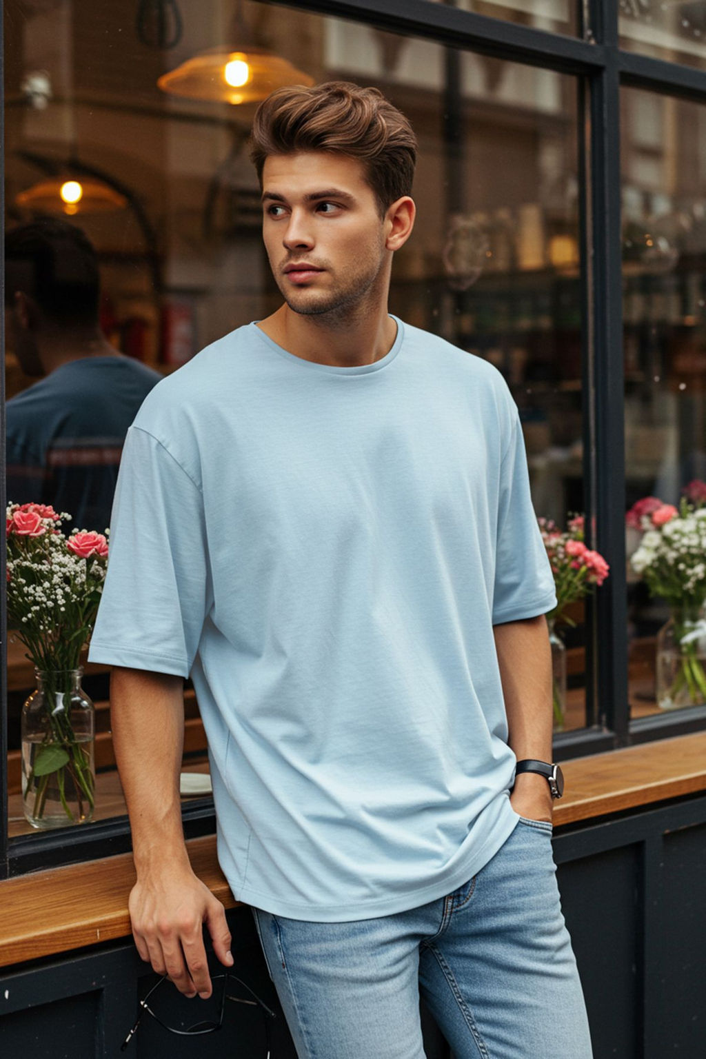 Ac?k Mavi Oversize/Genis Kesim %100 Pamuklu K?sa Kollu Basic T-Shirt TMNSS22TS0318