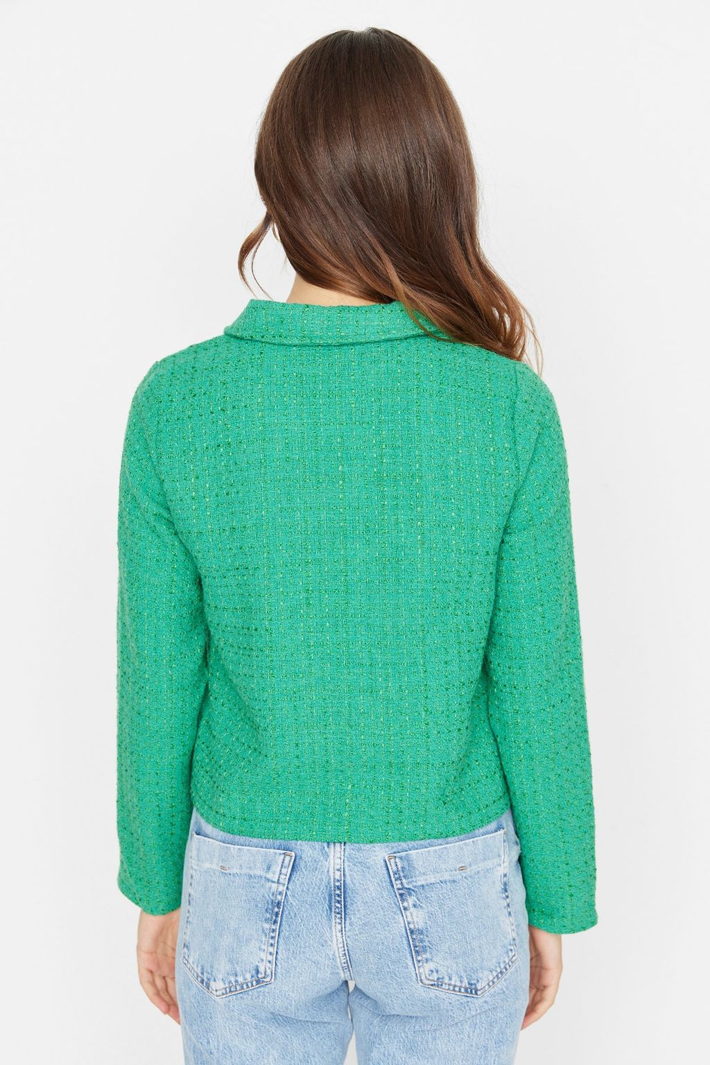 Yesil Fitted Cep Detayl? Ekose Crop Dokuma Ceket TWOAW23CE00140