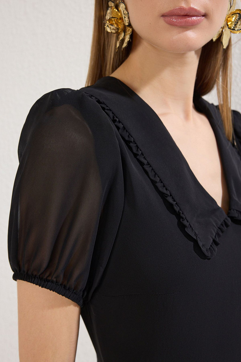 Siyah A Kesim Yaka Detayl? Astarl? Sifon Ucus Ucus Dokuma Midi Elbise TWOSS25EL00256