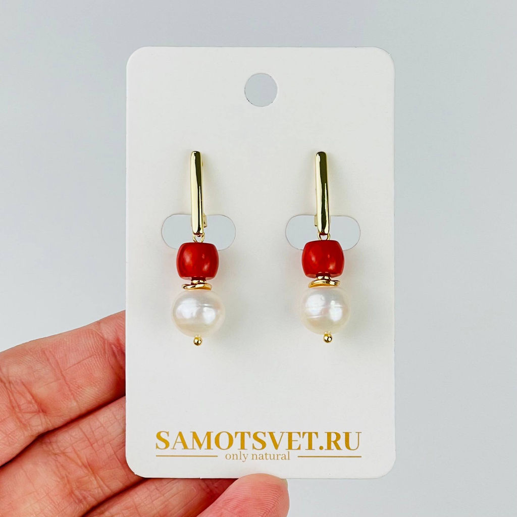 Серьги двойные из Жемчуга и Коралла