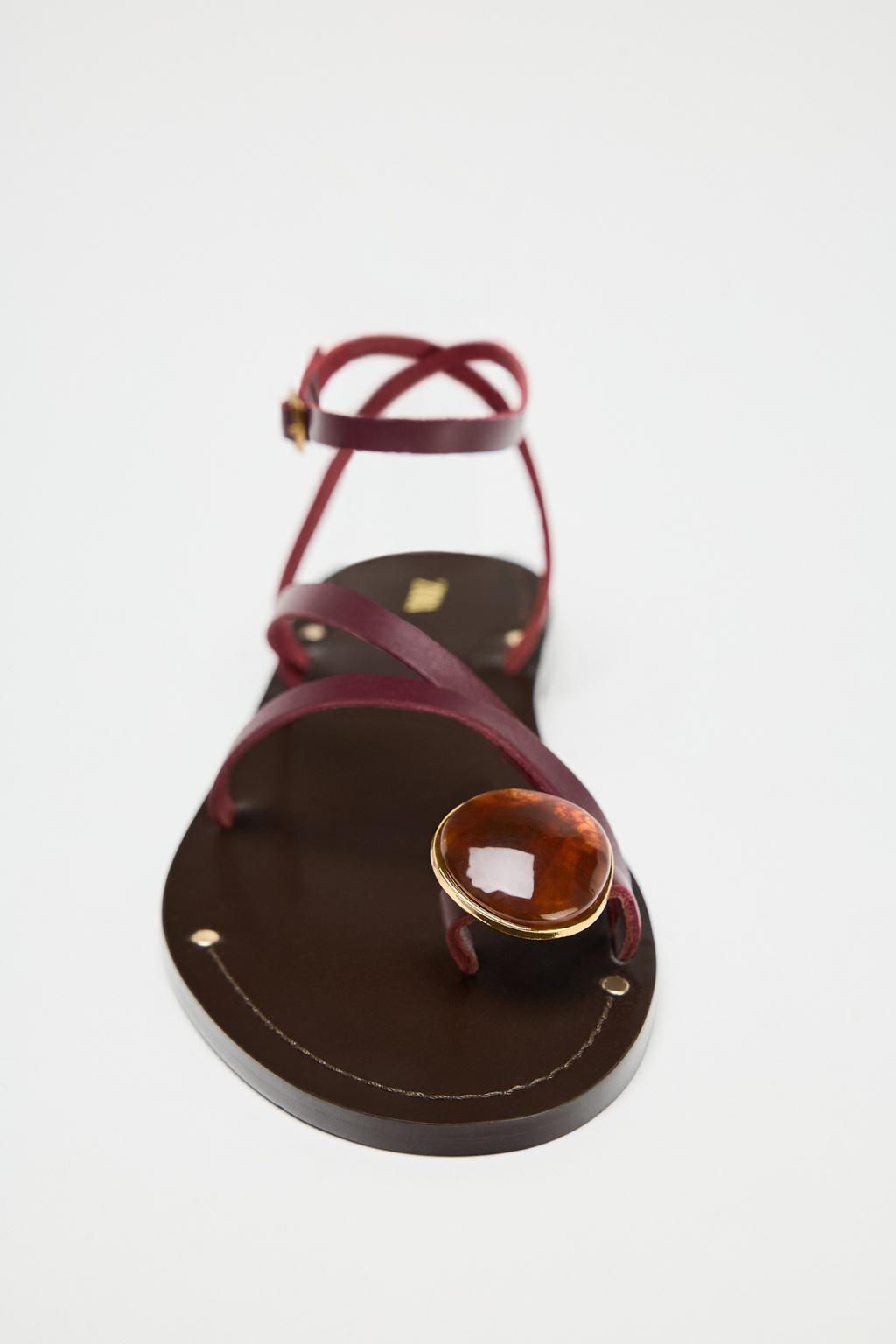 FLAT LEATHER SANDALS WITH STRAPS AND DECORATION - Zara фото 5
