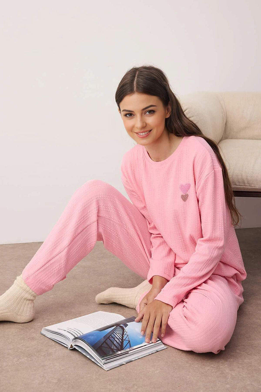 Pembe Kalp Nak?sl? Fitilli Yumusak Tuse K?sl?k Orme Pijama Tak?m? THMAW26PT00094