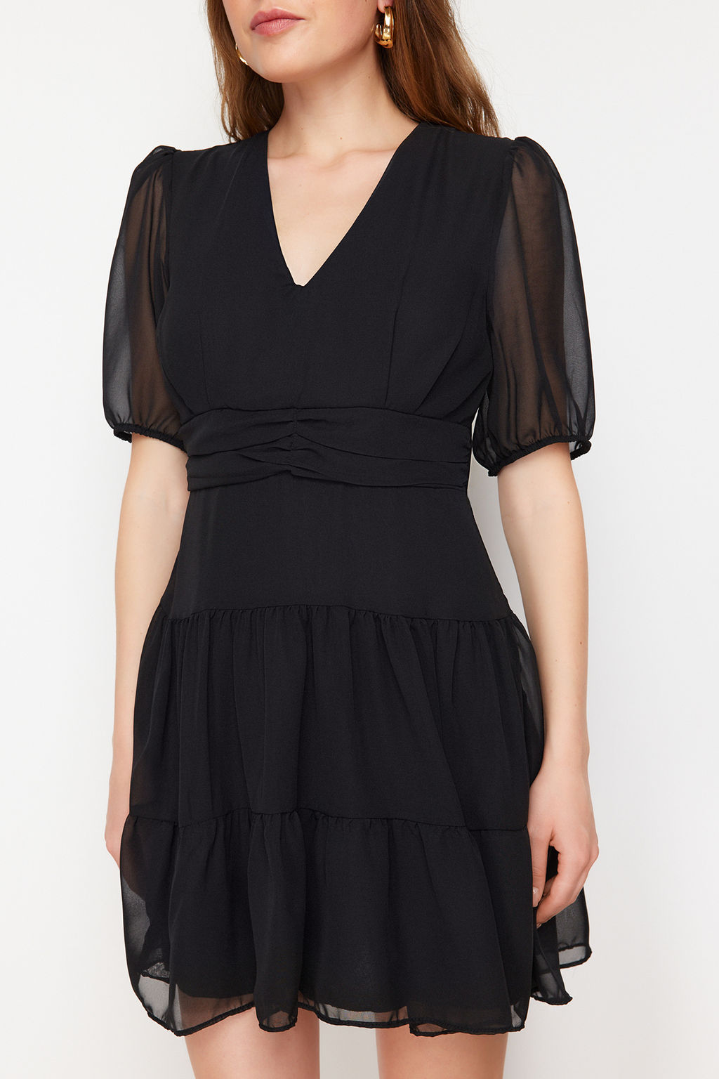 Siyah Belden Ac?lan Volanl? Sifon Astarl? Mini Dokuma Elbise TWOSS24EL00634