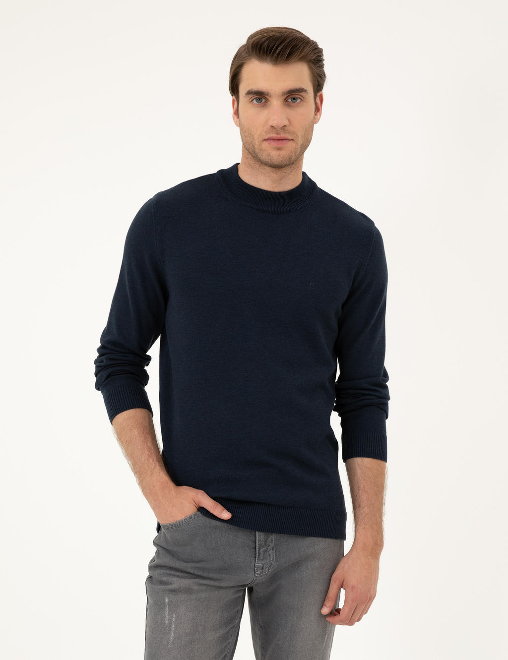 Lacivert Melanj Slim Fit Yar_m Bal_k__ Yaka Basic Triko Kazak