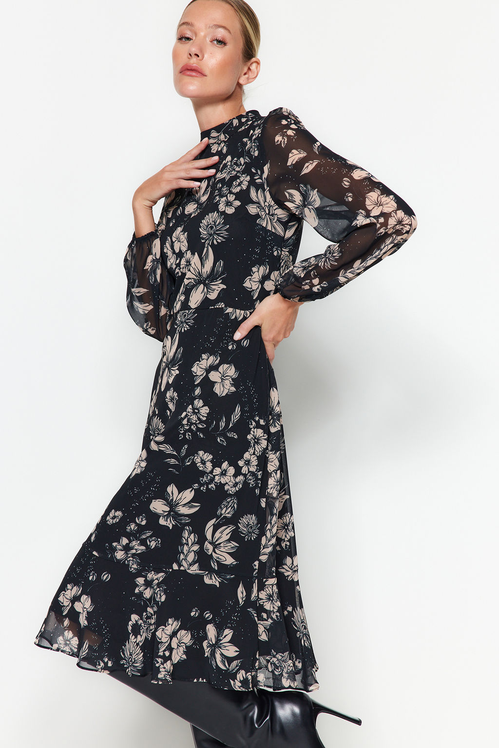 TRENDYOLMILLA Yesil Sal Desenli Volanl? Dokuma K?sl?k Elbise TWOAW23EL01436 фото 18