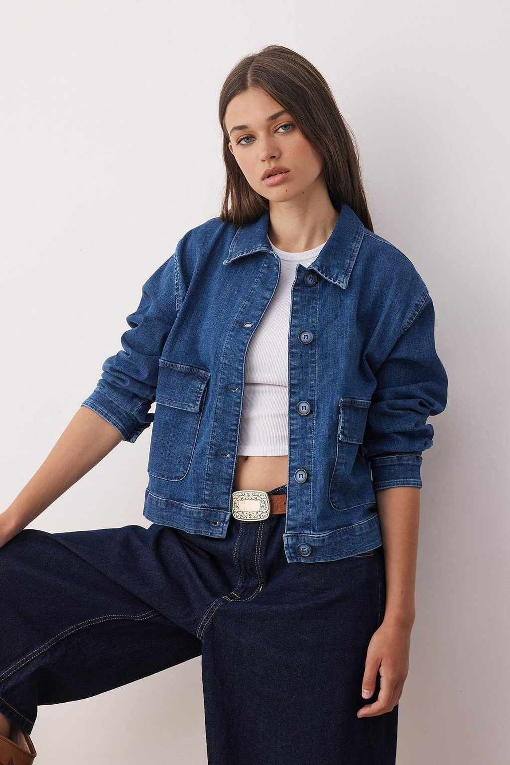 Koyu Mavi Gomlek Yaka Cep Detayl? Comfort Denim Ceket TWOAW26CE00007