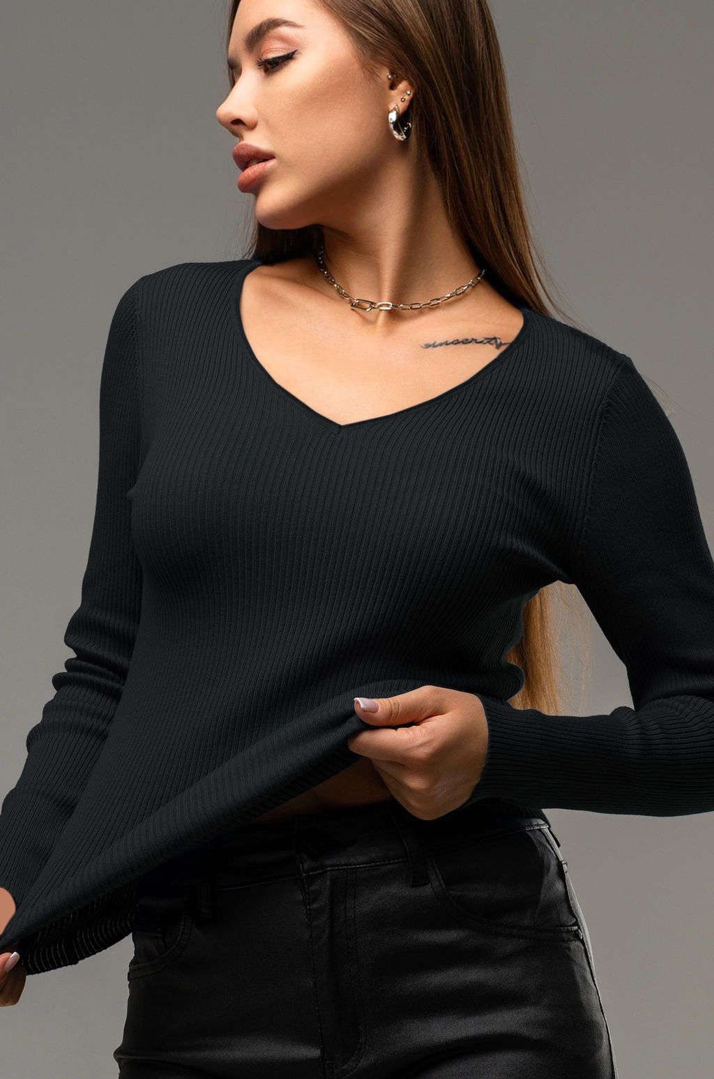 Женский джемпер в рубчик с V-вырезом Happyfox - Happy fox фото 8