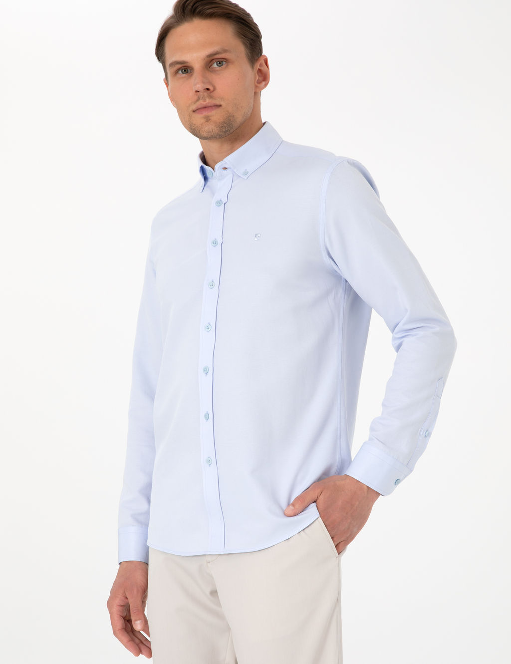A__k Mavi Oxford Slim Fit Kolay _t_lenebilir G_mlek