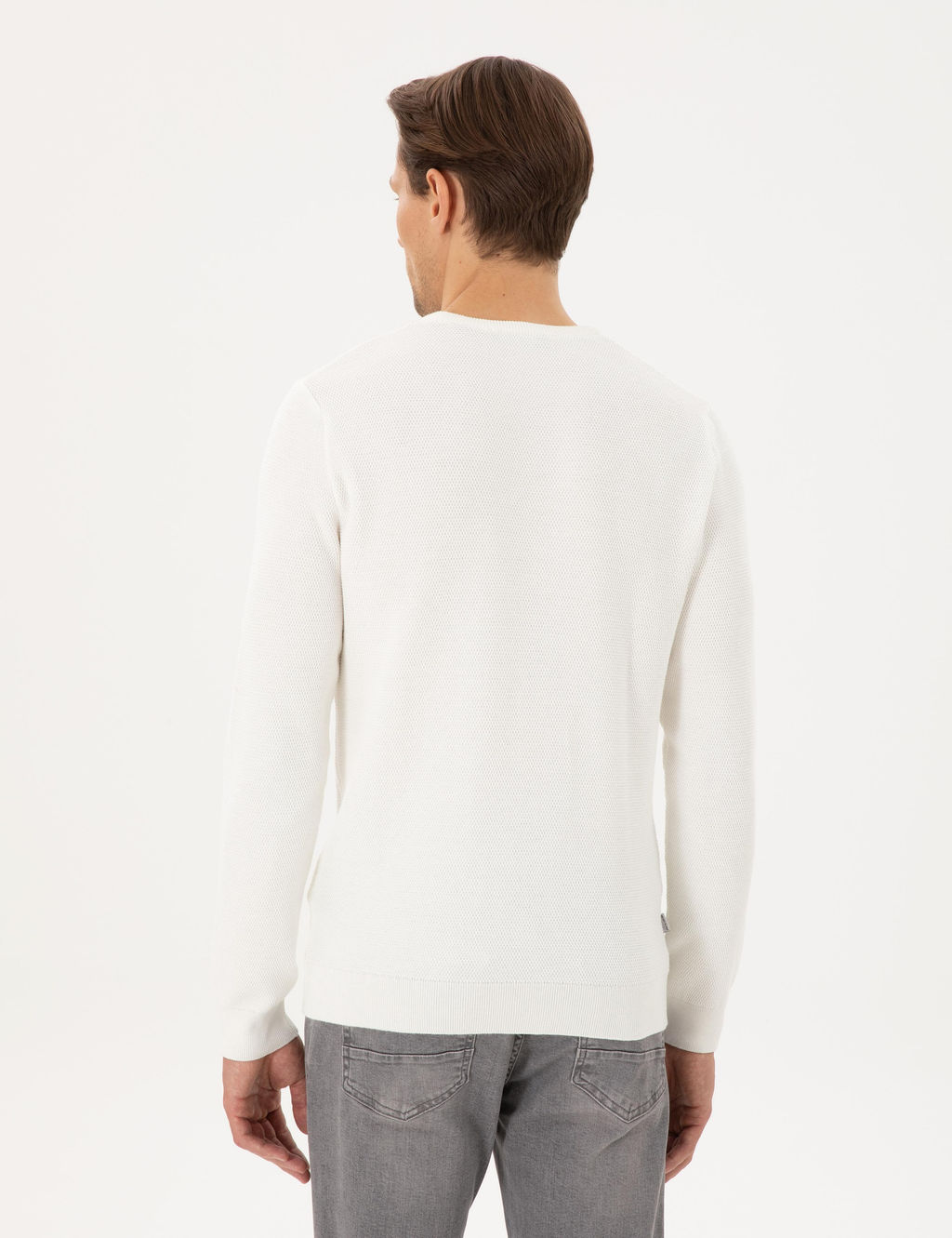 Ekru Slim Fit Bisiklet Yaka Triko Kazak
