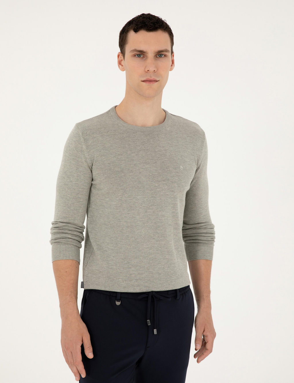 A__k Gri Melanj Slim Fit Bisiklet Yaka Basic Triko Kazak