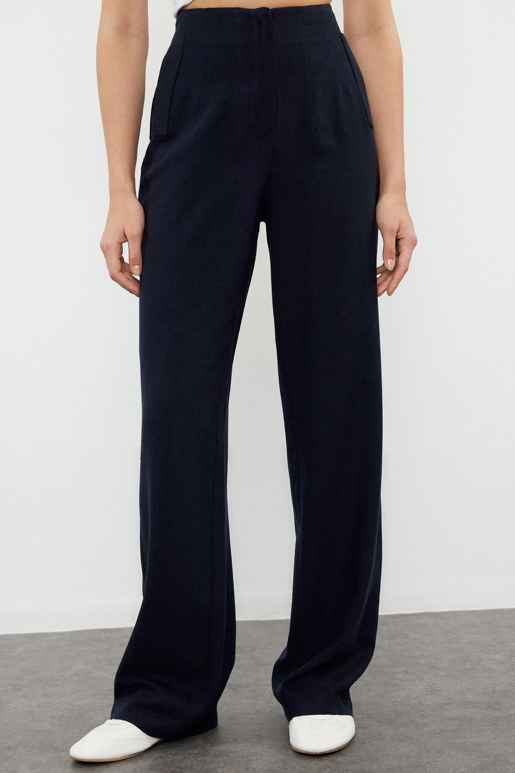 Lacivert Keten GorunumluWide Leg/Genis Paca Yuksek Bel Dokuma Pantolon TWOSS24PL00169 - Trendyolmilla фото 3