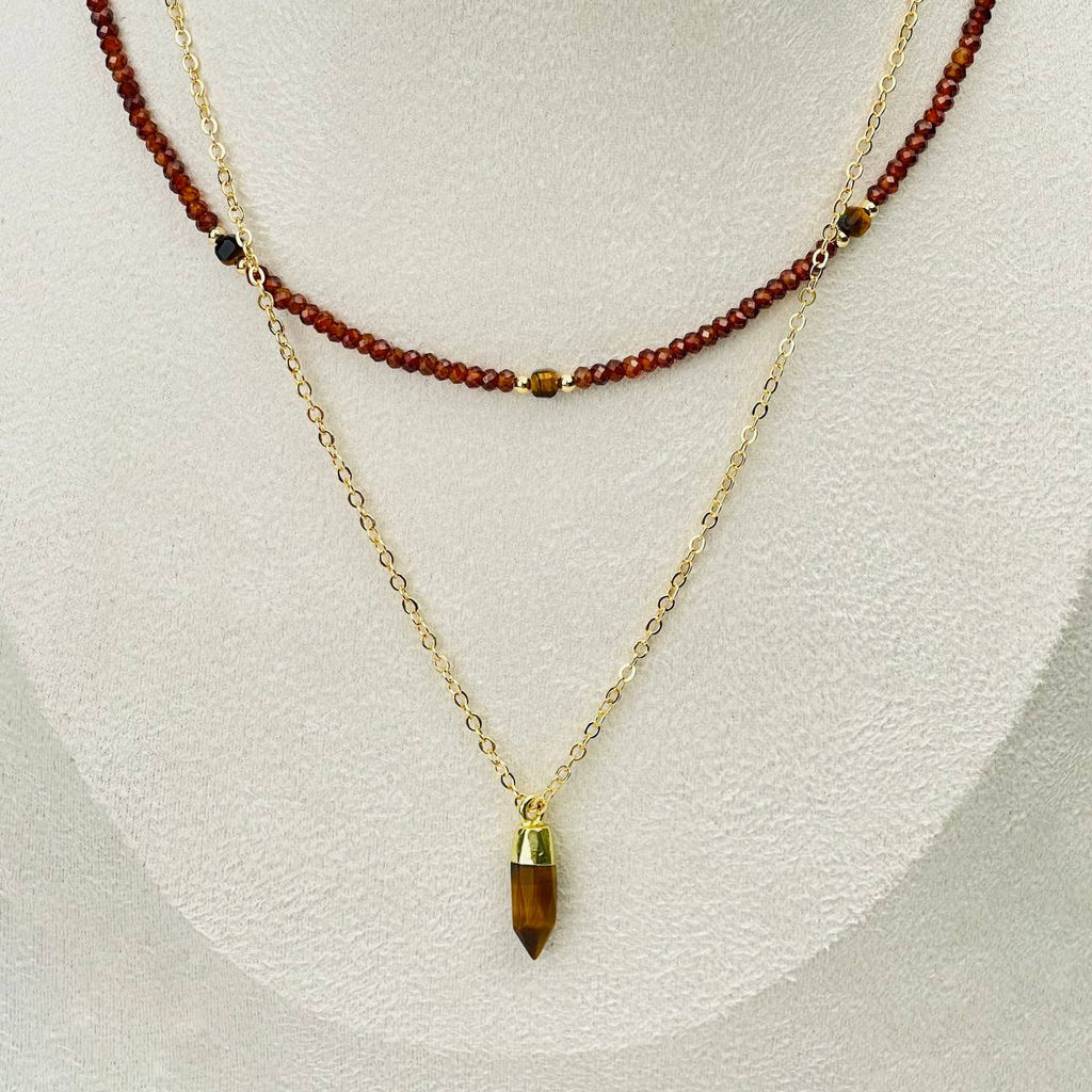 Колье двойное из Граната (Спессартин) и Тигрового глаза 38/43 см +