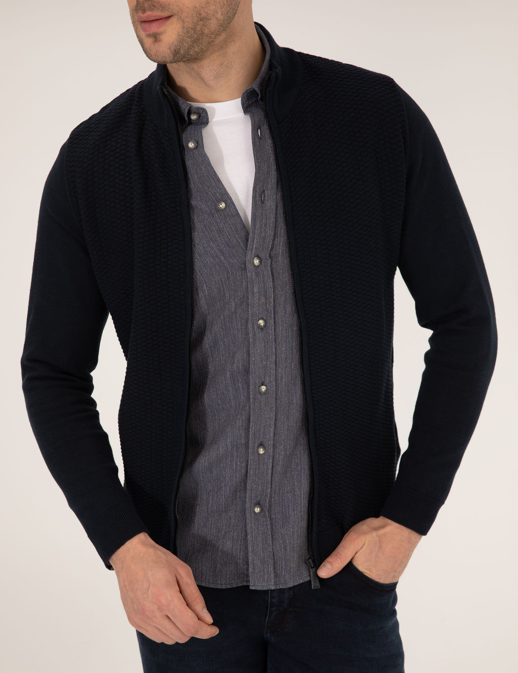 Lacivert Slim Fit Fermuarl_ Triko H_rka
