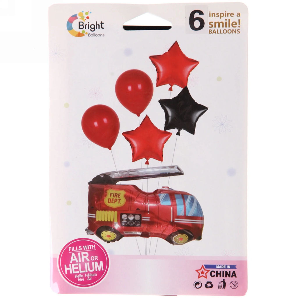 Воздушные шары 6 шт, "Пожарная машина" (74см - Машина, 45см,12"/24см)