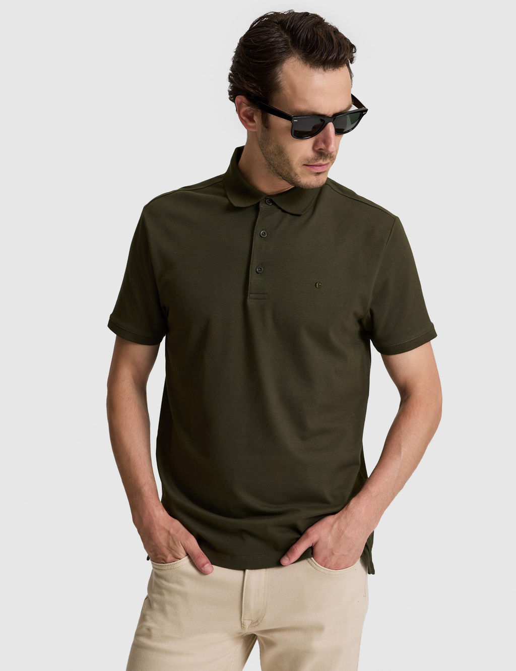 Haki Slim Fit Pamuk Kar___ml_ D__meli Polo Yaka Basic T-shirt