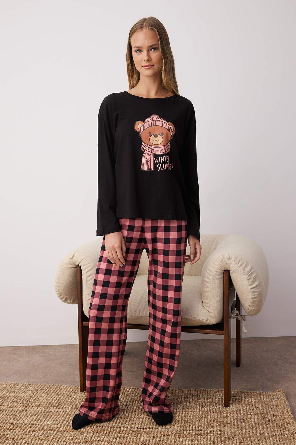 Siyah %100 Pamuklu Ay?c?kl? Ekoseli Orme Pijama Tak?m? THMAW25PT00088