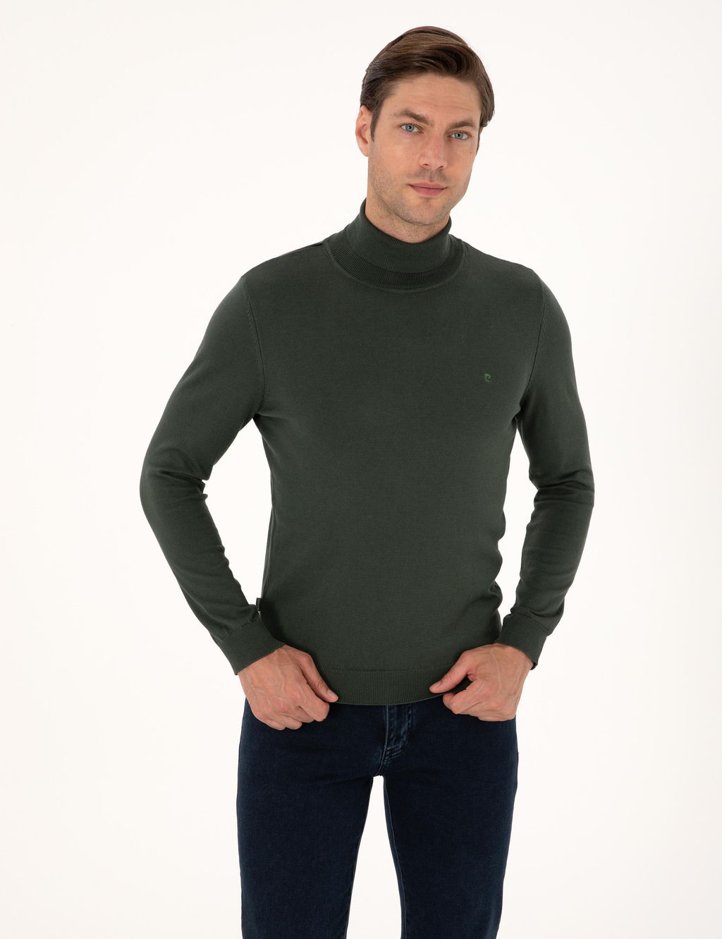 Koyu Haki Slim Fit Bal_k__ Yaka Basic Triko Kazak