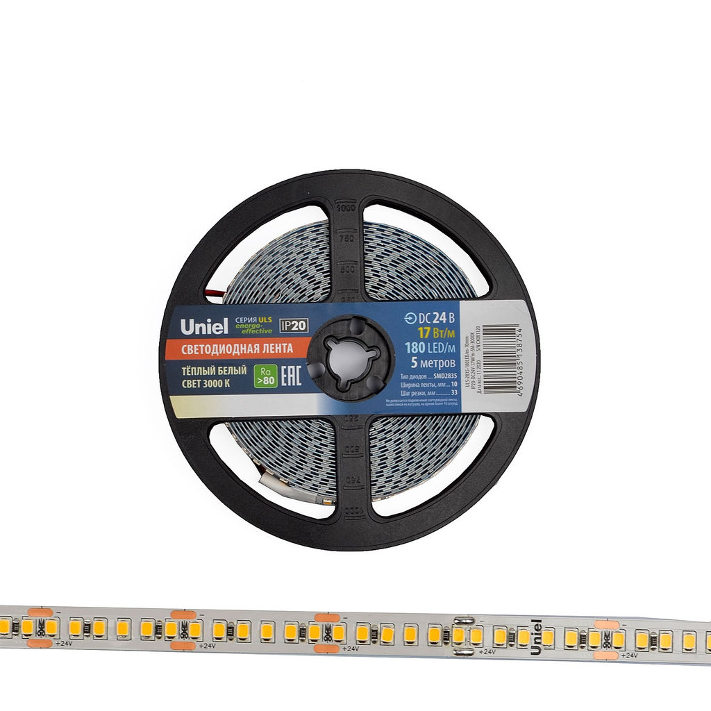 ULS-2835-180LED/m-10mm-IP20-DC24V-17W/m-5M-3000K Гибкая светодиодная лента на самоклеящейся основе. Катушка 5м. в герметичной упаковке. Теплый белый свет(3000К). ТМ Uniel