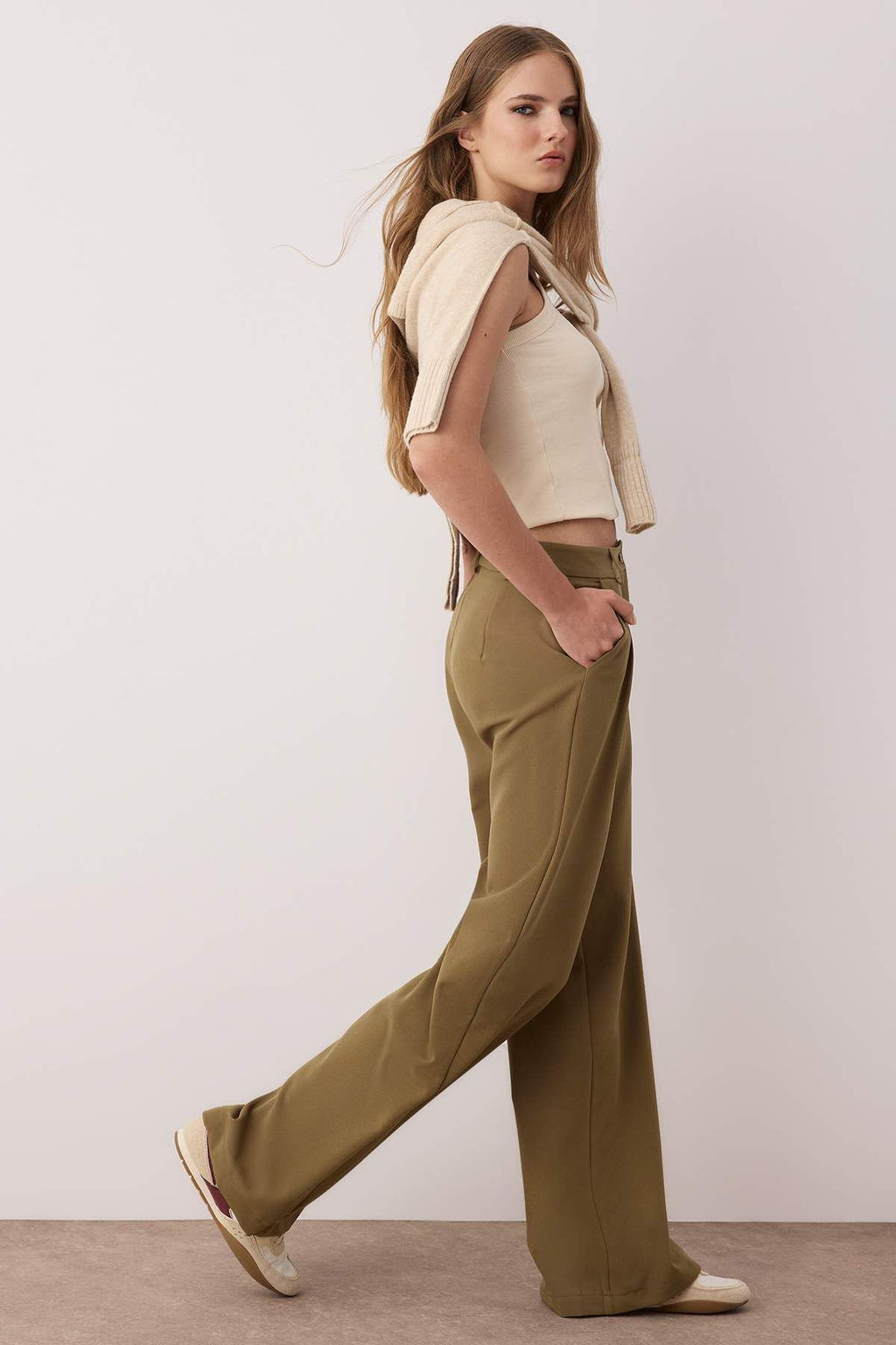 Ac?k Haki Pilili Wide Leg/Genis Paca Pantolon TWOAW25PL00109 Palazzo