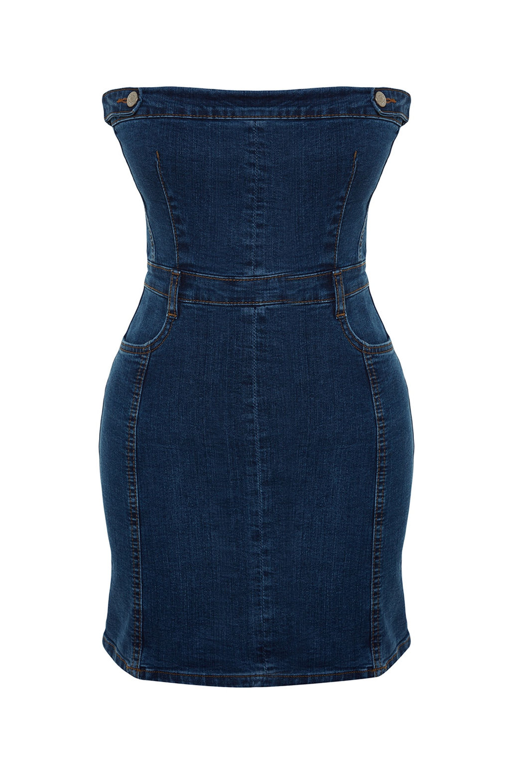 TRENDYOLMILLA Limited Edition Mavi Dugme Detayl? Straplez Mini Denim Elbise TWOSS23EL01731  фото 6