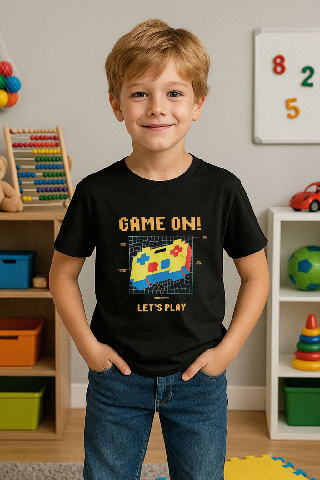 Siyah Erkek Cocuk %100 Pamuk Oyun Bask?l? K?sa Kol Orme T-Shirt TKDSS25TS00116