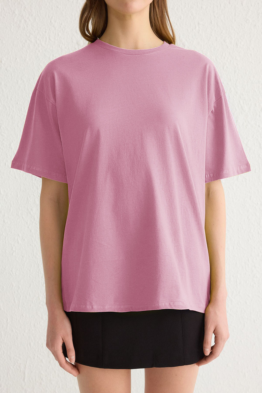 Ac?k Pembe %100 Pamuk Bisiklet Yaka Oversize/Genis Kal?p Orme T-Shirt TWOSS20TS0134