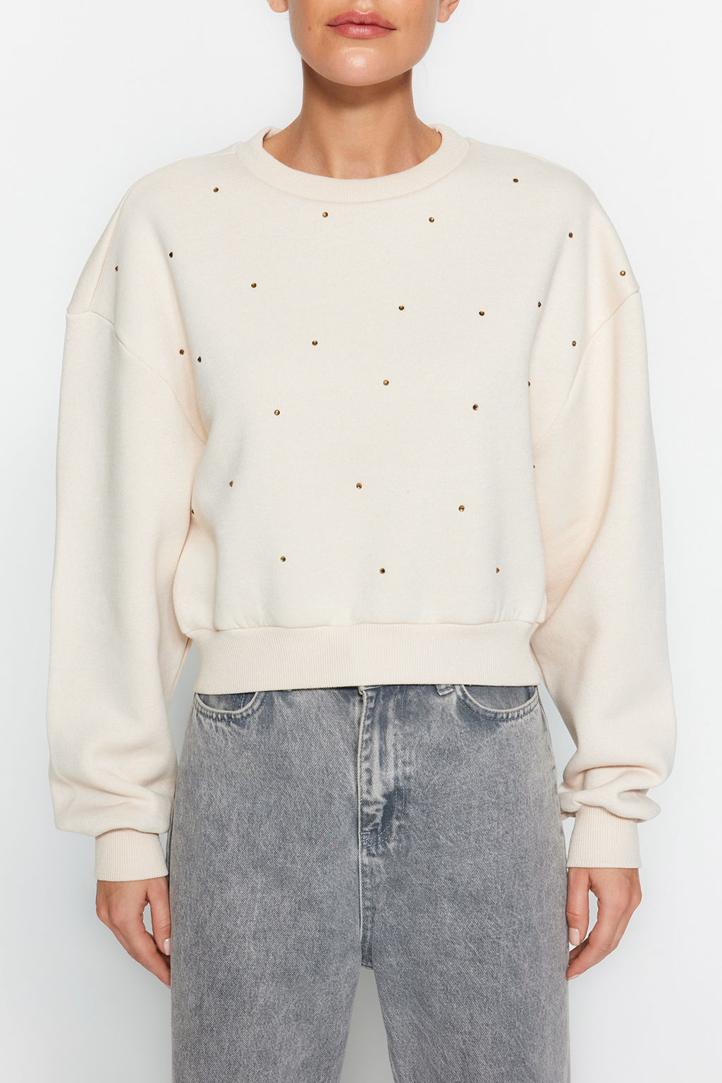 Trendyolmilla Siyah Kal?n Ici Polarl? Tas Detayl? Regular/Normal Kal?p Orme Sweatshirt TWOAW24SW00118  фото 3