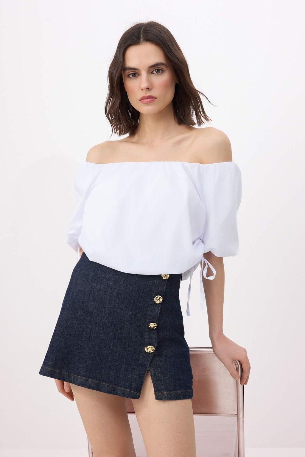 Beyaz Baglama Detayl? Carmen Yaka Dokuma Balon Bluz TWOSS26BZ00419